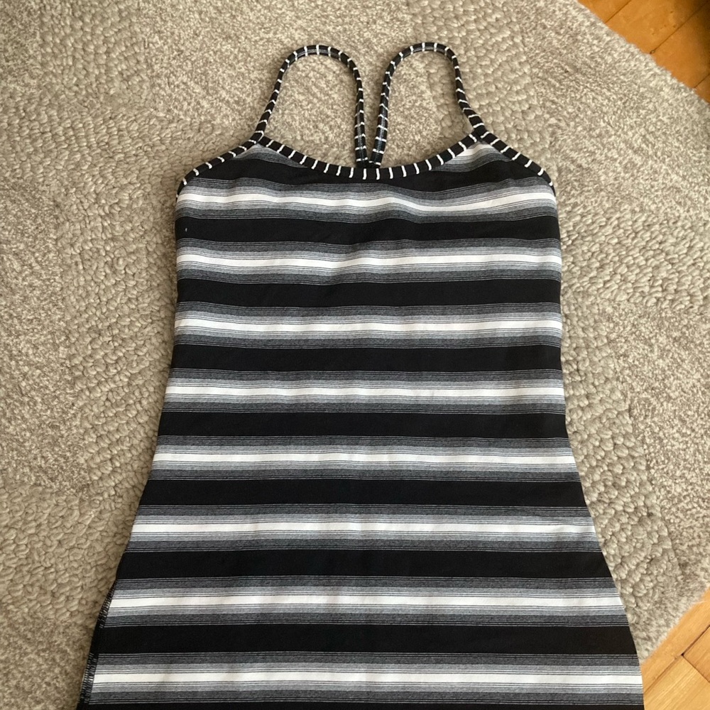 Lululemon Power Y Luon Capilano
Black/White Stripe Tank Top w/ built in bra.
